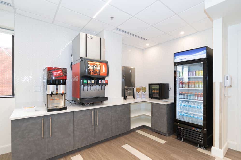 Drink Corner The 24/7 snack bar with stocked drinks at CuraWest, a medical detox facility for the treatment of drug and alcohol addiction in Denver, Colorado.